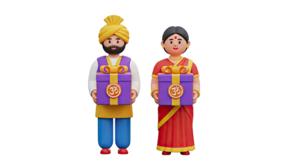 3D Indian Couple Holding Om Symbol Gift Boxes on transparent background