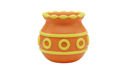 Orange clay pot with yellow decorative elements on transparent background