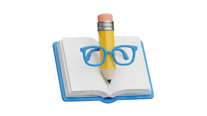 Pencil Wearing Glasses on Open Book 3D Icon transparent background