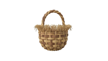 Woven straw basket with handle and decorative fringe on transparent background
