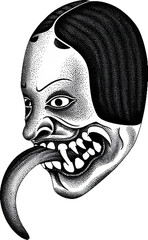 Scary Japanese demon mask line art with sharp fangs and a long protruding tongue.
