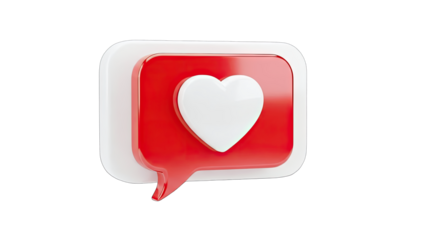 3D Red heart notification icon with speech bubble on transparent background
