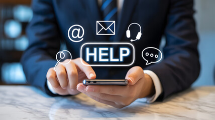 Digital customer support concept with smartphone and glowing help icons for chat, email, and search assistance