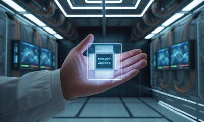 A hand in a sterile white lab coat holds a glowing, holographic chip displaying "PROJECT AURORA" in a futuristic server room