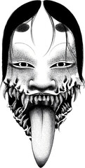 Scary Japanese demon mask line art with sharp fangs and a long protruding tongue.
