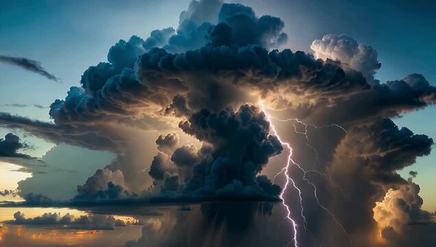 Dramatic 4K footage of thunderstorm inside dark cumulus clouds featuring intense lightning flashes dynamic cloud motion atmospheric storm energy weather cinematic stock 