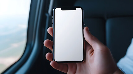 Holding a modern smartphone with a blank screen in hand. The plane window in the background shows a landscape view of the clouds. Capturing moments on the move.