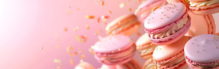 Delicious pink macarons with cream filling and gold sprinkles