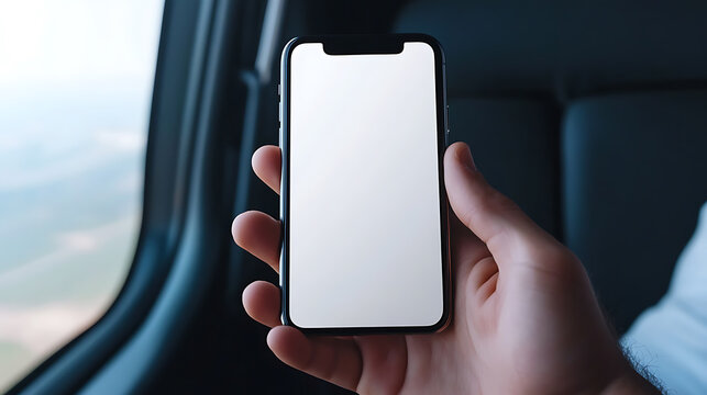 Holding a modern smartphone with a blank screen in hand. The plane window in the background shows a landscape view of the clouds. Capturing moments on the move. - Powered by Adobe