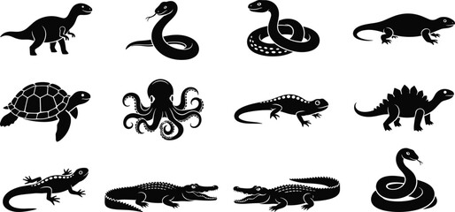 Reptile and animal silhouettes set, snake turtle crocodile dinosaur lizard octopus icons, black and white wildlife vector illustration © Md