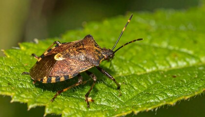 Close-up of a brown marmorated stink bug perched on a vibrant green leaf