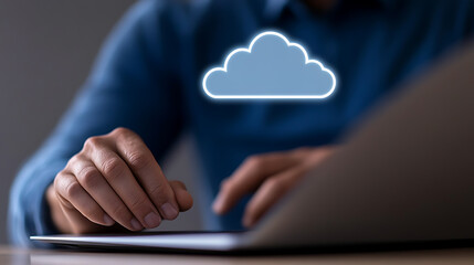 Person using a laptop with a cloud graphic hovering above the screen, symbolizing cloud computing and data storage. The scene depicts modern technology in a digital workspace.