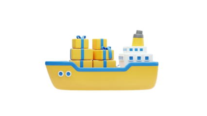 3D Yellow and blue cargo ship with gift boxes on transparent background