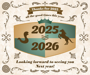アンティーク調の2025年年越し挨拶カード　干支の蛇と馬のイラスト