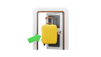 3D Yellow suitcase with green arrow through doorway on transparent background