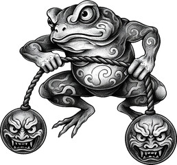 Japanese toad illustration featuring traditional stippled art and a demon bell.