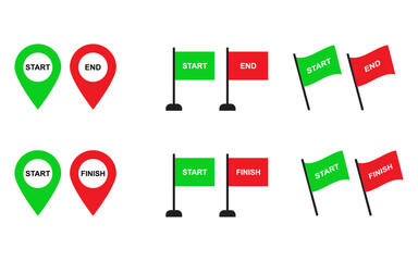 Start and Finish Icons Pack with Flags and Location Pins in Green and Red for Navigation and Race Indicators