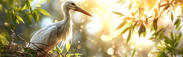 Majestic white heron perched in leafy nest at sunrise