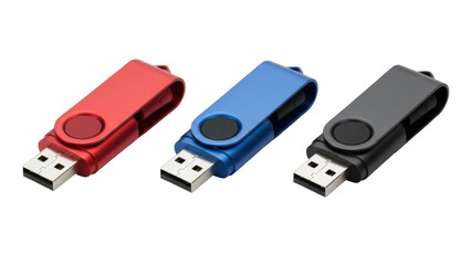 Three USB flash drives in red, blue, and gray, showcasing a swivel design for data storage.