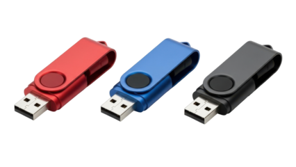 Three USB flash drives in red, blue, and gray, showcasing a swivel design for data storage.