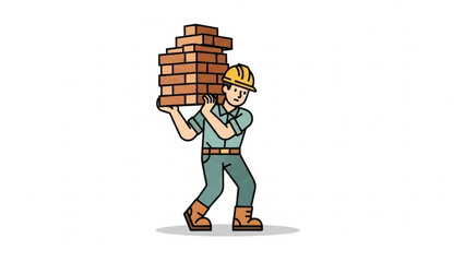 Illustration of a hardworking construction worker carrying a stack of bricks on his shoulders with