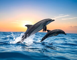 Obraz premium Two dolphins leaping from the ocean with a colorful sunset in background