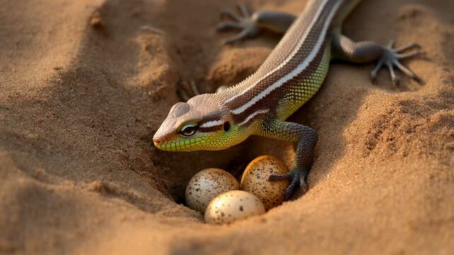 Lizard guarding eggs in a sandy burrow.
