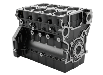 Close-up shot of a black engine block with multiple cylinder openings and bolt holes.