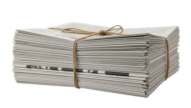 A stack of newspapers bound together with twine, ready for recycling or disposal.