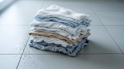 Pile of wet laundry on tiled floor, damp clothes stack with household laundry situation and moisture texture, suitable for article header, blog illustration, and domestic lifestyle content.