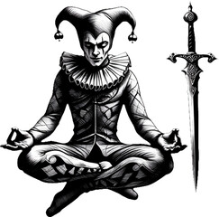 Sinister gothic jester holding sword, dark harlequin ink illustration art piece.