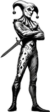 Sinister gothic jester holding sword, dark harlequin ink illustration art piece.