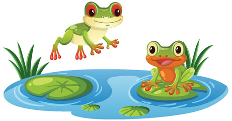 Two Cartoon Frogs Playing in a Lily Pond