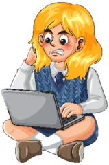 Selbstklebende Fototapeten Kinder Stressed Schoolgirl Sitting Cross Legged Using Laptop  © GraphicsRF