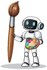 Cute Robot Artist Holding Paintbrush and Color Palette
