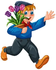 Selbstklebende Fototapeten Kinder Dutch Boy Running with Tulip Flower Pot Illustration  © GraphicsRF