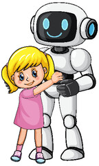 Smiling Robot and Happy Girl Hugging Together