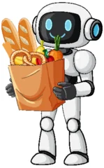 Selbstklebende Fototapeten Kinder Friendly Robot Carrying Grocery Bag with Fresh Food  © GraphicsRF