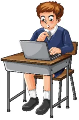 Selbstklebende Fototapeten Kinder Surprised Schoolboy Using Laptop at Classroom Desk  © GraphicsRF