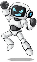 Angry Cartoon Robot Jumping with Raised Fists