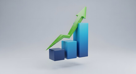 Increasing business growth chart with green arrow and blue bars
