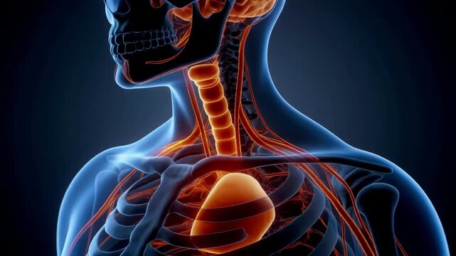 Close-up animated view of the human brainstem showing neural control of breathing and heart rate, cinematic 4k medical render.