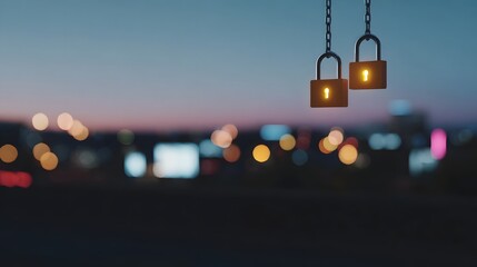 Two glowing padlocks hang from chains against a blurred city skyline at dusk
