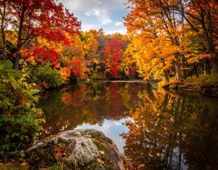 Obraz premium A serene lake reflecting vibrant autumn foliage under a cloudy sky