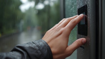 Hand touching a touchscreen interface on a rainy day with water drops on the device