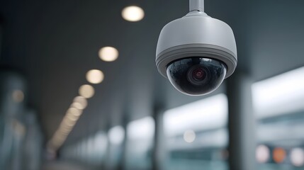 A modern indoor security dome mounted on the ceiling overlooking a well lit corridor