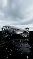 Fototapeta premium Abandoned Plane Wreckage Resting on Desolate Black Sand Beach under Overcast Sky