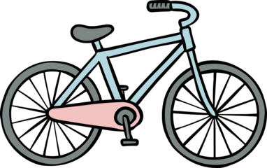A light blue bicycle with gray wheels and seat and a pink chain guard