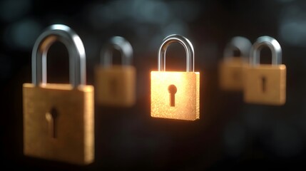 A row of golden padlocks with the central one brightly lit