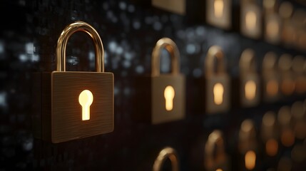 Golden padlocks with glowing keyholes symbolize digital security and data protection against a dark encrypted background